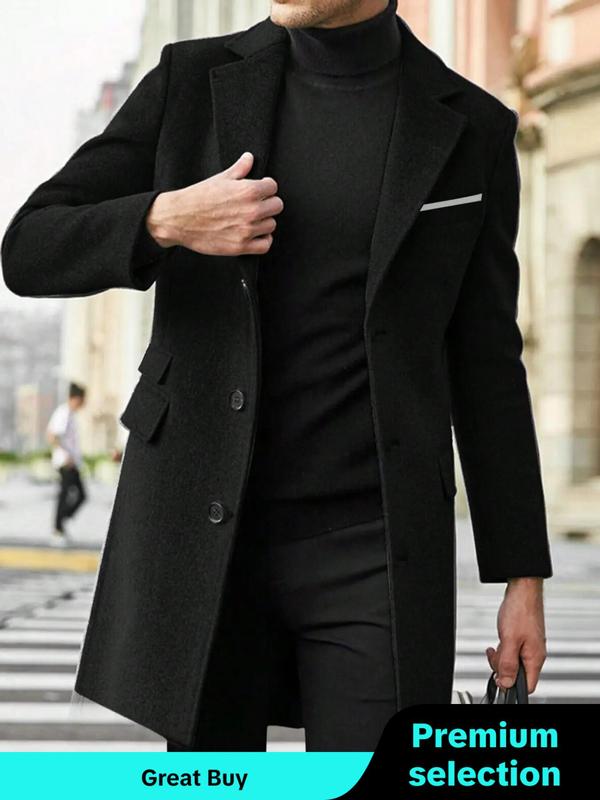 Men's Solid Color Button Front Lapel Neck Coat, Regular Fit Long Sleeve Pocket Outerwear for Fall & Winter, Winter Coats 2024, Men's Clothes for Daily Wear Winter Jacket