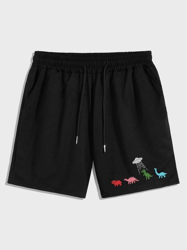 Men's Regular Fit Dinosaur Print Drawstring Waist Shorts, Casual Pocket Beach Shorts, Summer Bottoms for Men