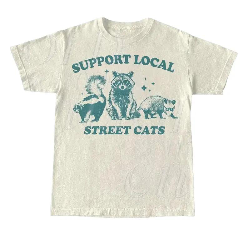 Support Your Local Street Cats Graphic T-Shirt, Retro Unisex Adult T Shirt, Vintage Raccoon T Shirt, Nostalgia T Shirt, Relaxed Cotton Tees Tshirt Shortsleeve