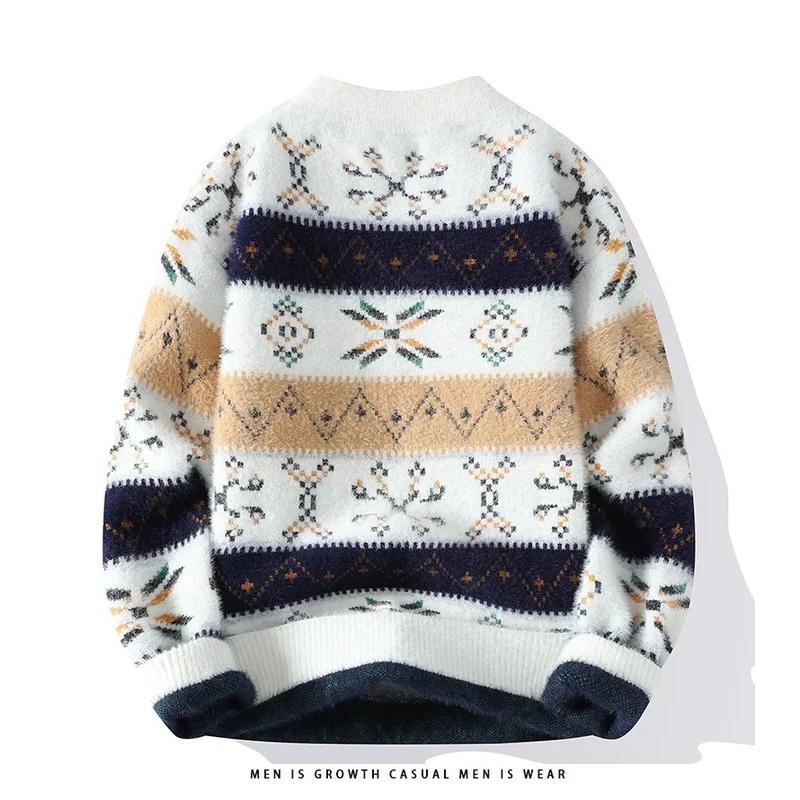 Korean Menswear Contrast Color Striped Sweaters Men's Knitted Pullover Hoodie Men Trendy Wool Knitwear Thick Mock Neck Sweater