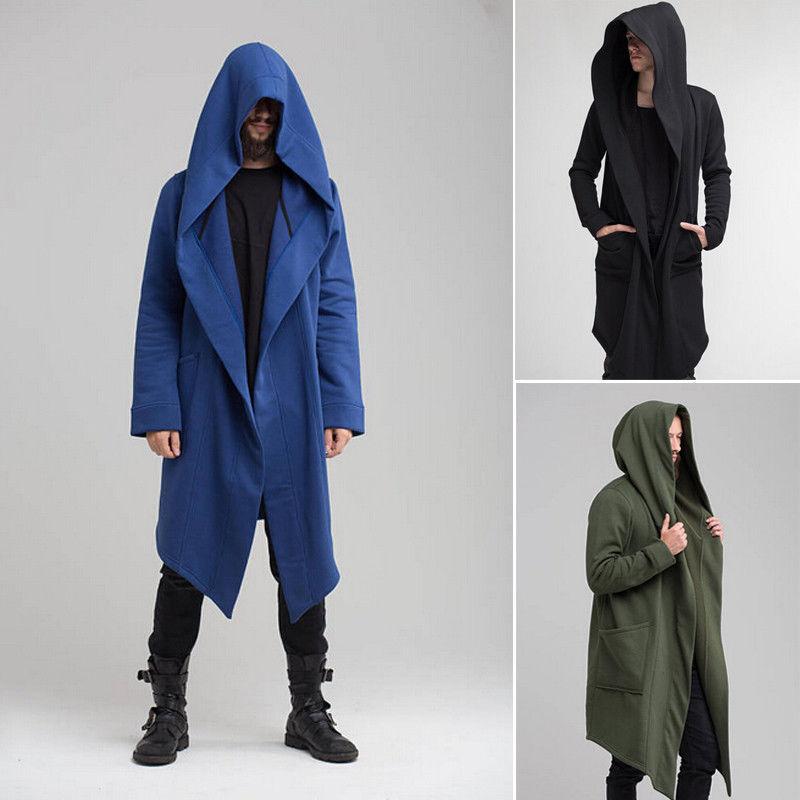 Men Winter Casual Hoodie, Solid Color Cardigan Cloak Coat, Open Front Warm Long Outwear