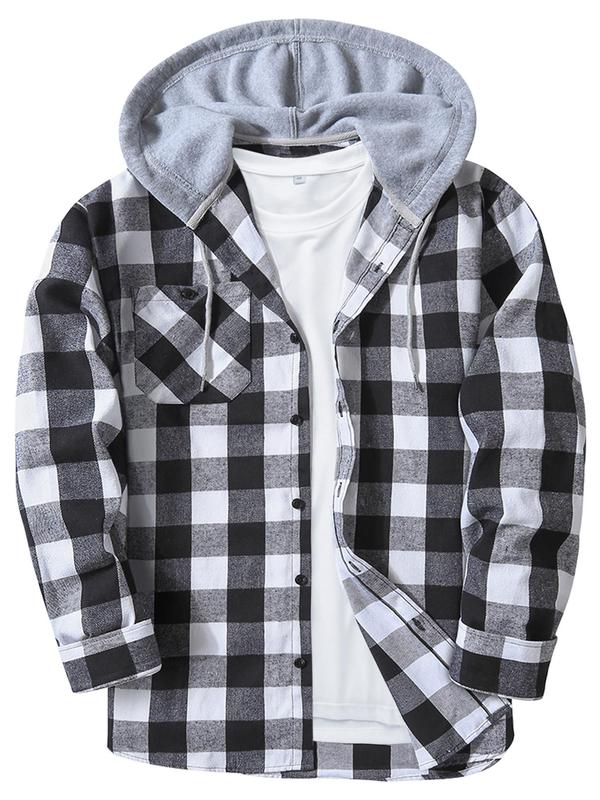 Men's Plaid Print Button Front Drawstring Hooded Shirts, Regular Fit Casual Functional Features Long Sleeve Pocket Comfortable Fabric Hoodie Top for Daily Wear, Classic Design Tops, Men's Clothing for All Seasons