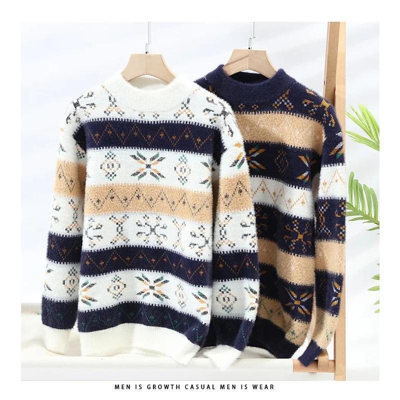 Korean Menswear Contrast Color Striped Sweaters Men's Knitted Pullover Hoodie Men Trendy Wool Knitwear Thick Mock Neck Sweater