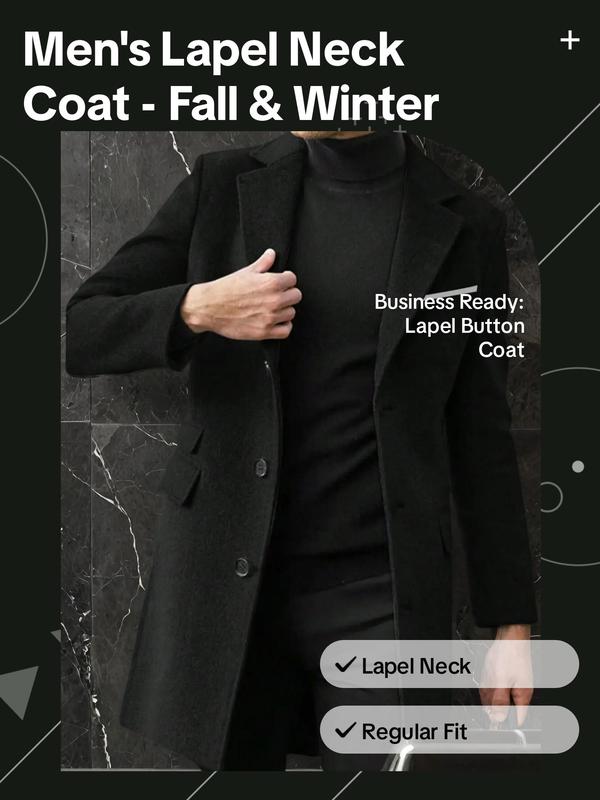 Men's Solid Color Button Front Lapel Neck Coat, Regular Fit Long Sleeve Pocket Outerwear for Fall & Winter, Winter Coats 2024, Men's Clothes for Daily Wear Winter Jacket