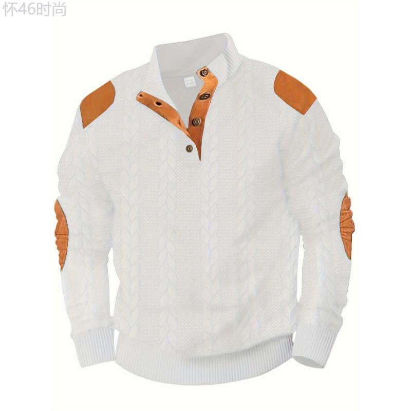 Men's Casual Plaid Knit Sweater with Mandarin Collar and Patched Elbow - Polyester - Long Sleeve Pullover for Spring, Autumn, and Winter Fabric Knitwear Menswear Stretch Tops Longsleeves knit sweater pullover sweater