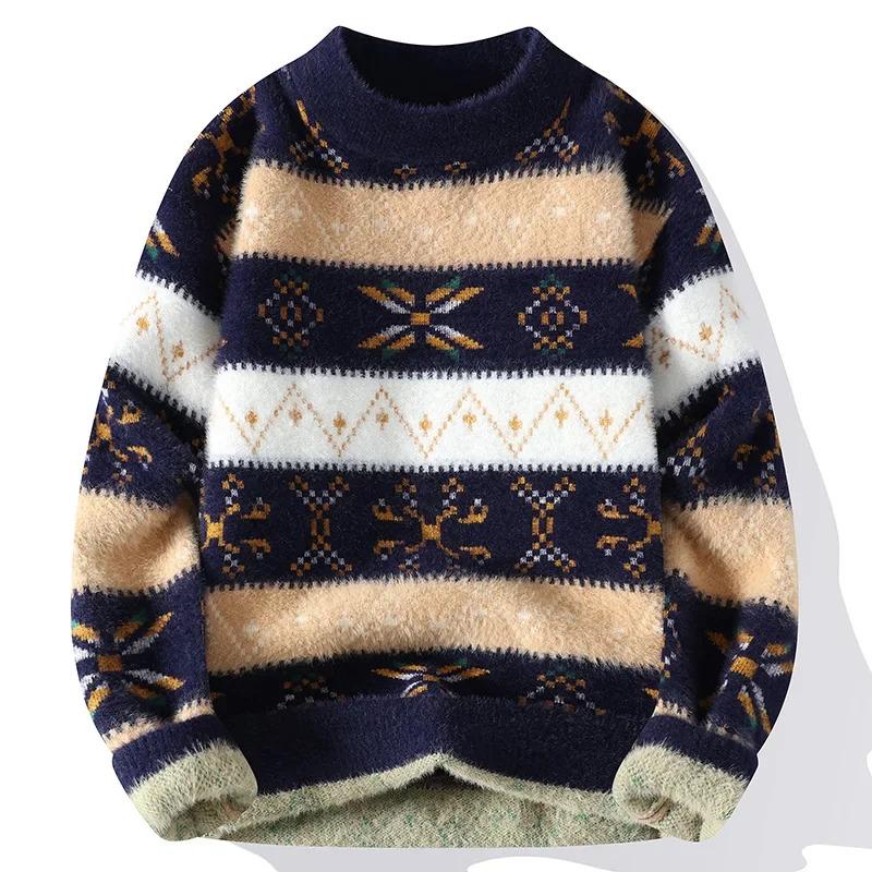 Korean Menswear Contrast Color Striped Sweaters Men's Knitted Pullover Hoodie Men Trendy Wool Knitwear Thick Mock Neck Sweater