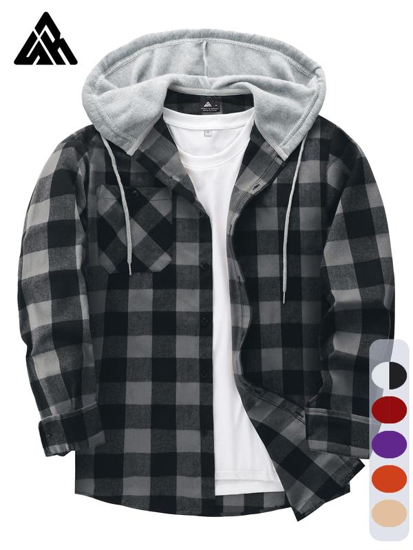 Men's Plaid Print Button Front Drawstring Hooded Shirts, Regular Fit Casual Functional Features Long Sleeve Pocket Comfortable Fabric Hoodie Top for Daily Wear, Classic Design Tops, Men's Clothing for All Seasons