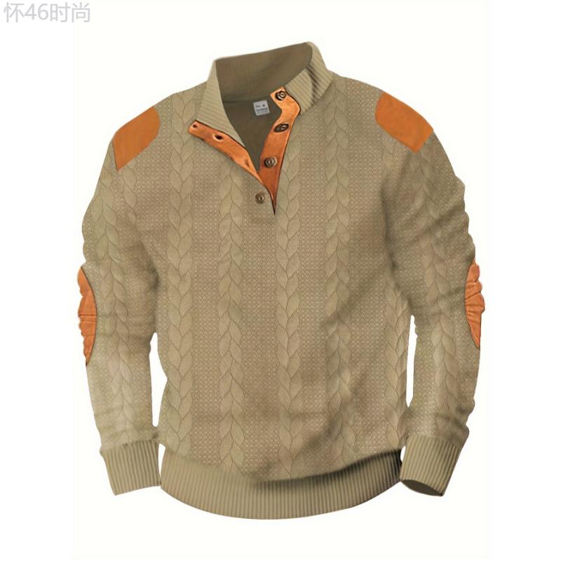 Men's Casual Plaid Knit Sweater with Mandarin Collar and Patched Elbow - Polyester - Long Sleeve Pullover for Spring, Autumn, and Winter Fabric Knitwear Menswear Stretch Tops Longsleeves knit sweater pullover sweater