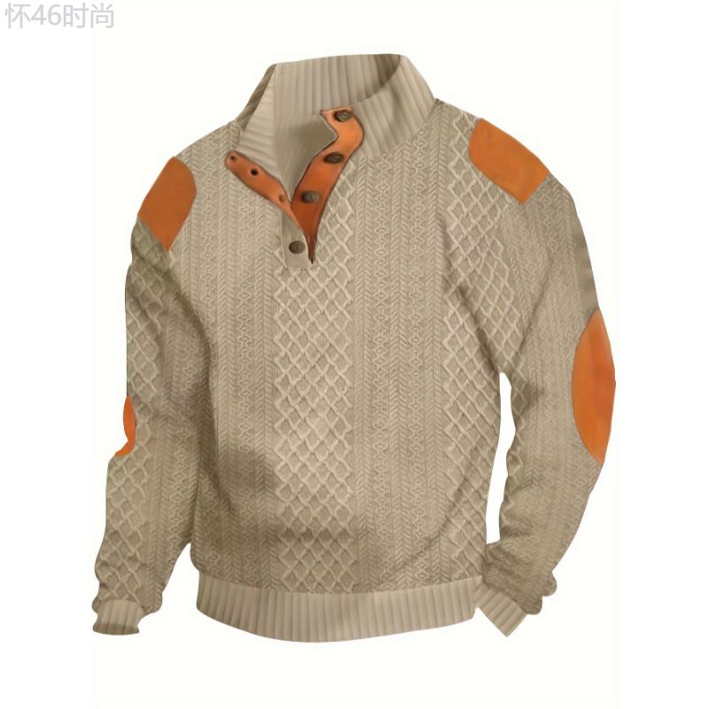 Men's Casual Plaid Knit Sweater with Mandarin Collar and Patched Elbow - Polyester - Long Sleeve Pullover for Spring, Autumn, and Winter Fabric Knitwear Menswear Stretch Tops Longsleeves knit sweater pullover sweater