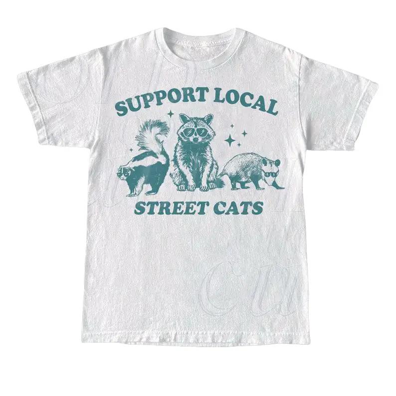 Support Your Local Street Cats Graphic T-Shirt, Retro Unisex Adult T Shirt, Vintage Raccoon T Shirt, Nostalgia T Shirt, Relaxed Cotton Tees Tshirt Shortsleeve