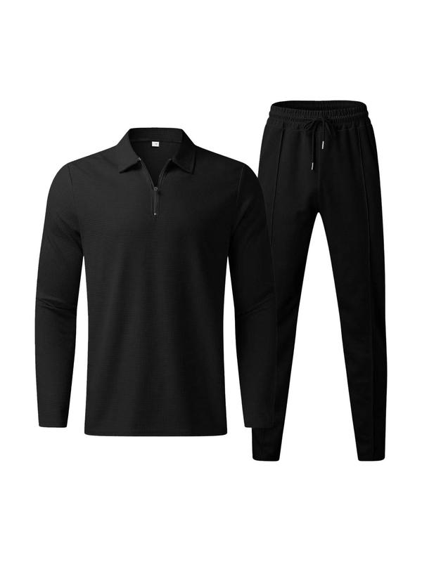 Men's Solid Half Zipper Collared Polo Shirt & Drawstring Pants Set, Casual Regular Fit Textured Long Sleeve Top & Trousers for Spring & Fall, Outfit Sets for Men, Men's Two-piece Outfits, Athletic Clothes, Fall Outfits, Fallfreshness