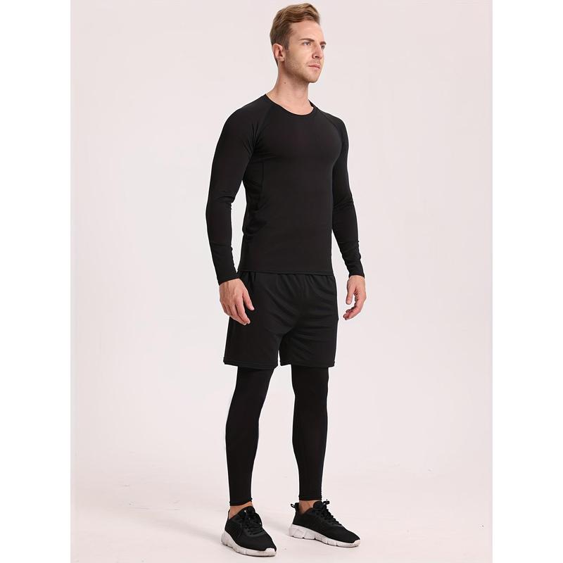 Men's Thermal Underwear Set, Skiing Winter Warm Base Layers, Tight Long Sleeve Round Neck Top & Bottom Pants Set