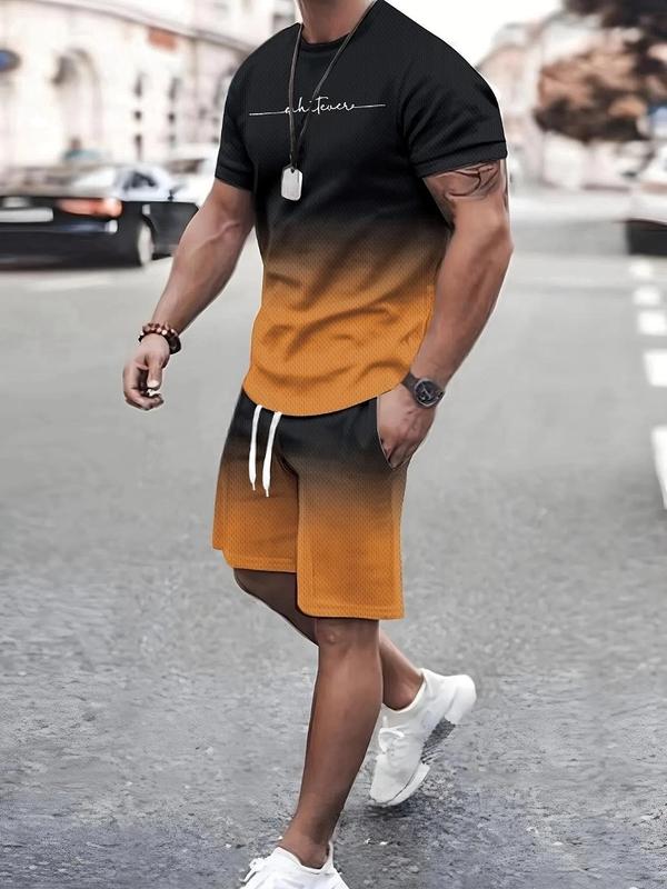 2 Counts Men's Colorblock Print Tee & Drawstring Waist Shorts Set, Regular Fit Casual Short Sleeve T-shirt & Pocket Shorts, Men Summer Outfits for Daily Wear