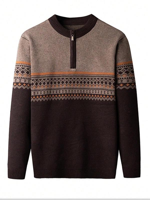 Men's Ethnic Pattern & Patchwork Print Half Zip Sweater, Regular Fit Casual Long Sleeve Round Neck Jumper for Fall & Winter, Fashion Men's Knitwear for Daily Wear