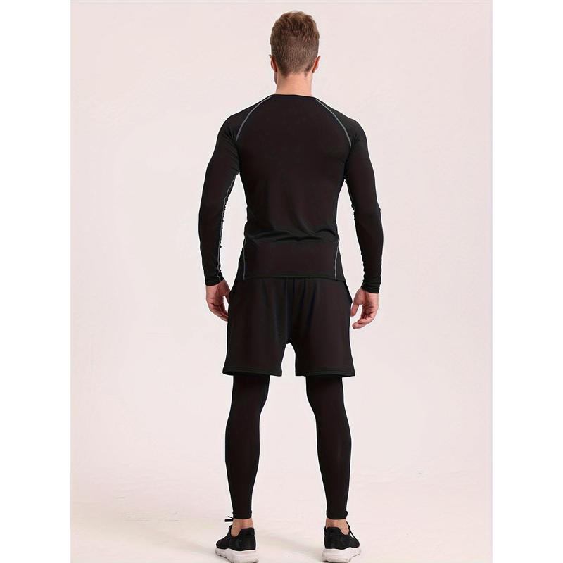 Men's Thermal Underwear Set, Skiing Winter Warm Base Layers, Tight Long Sleeve Round Neck Top & Bottom Pants Set