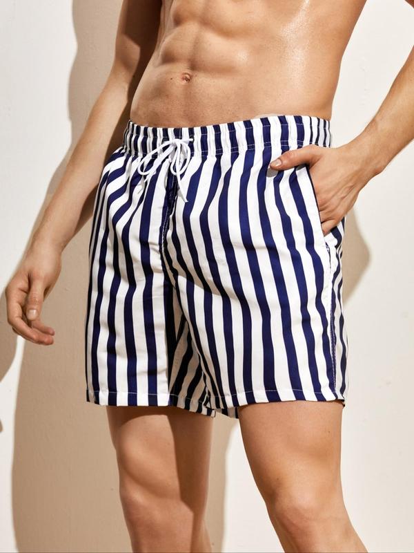 Men's Striped Print Drawstring Waist Shorts, Casual Pocket Straight Leg Shorts, Men's Summer Bottoms for Beach Vacation