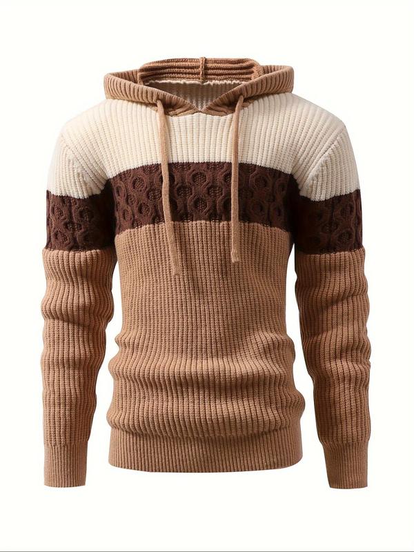 Men's Colorblock Print Drawstring Hoodie, Casual Regular Fit Long Sleeve Hooded Sweater for Fall & Winter, Men's Knitwear for Daily Wear