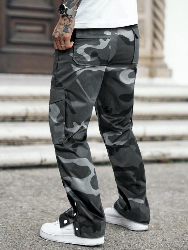 Men's Camo Print Drawstring Waist Cargo Pants, Street Fashion Casual Loose Flap Pocket Straight Leg Trousers for Men, Mens Clothing, Mens Bottoms for Spring & Fall, Pants for Men 2024, 2000s Pants