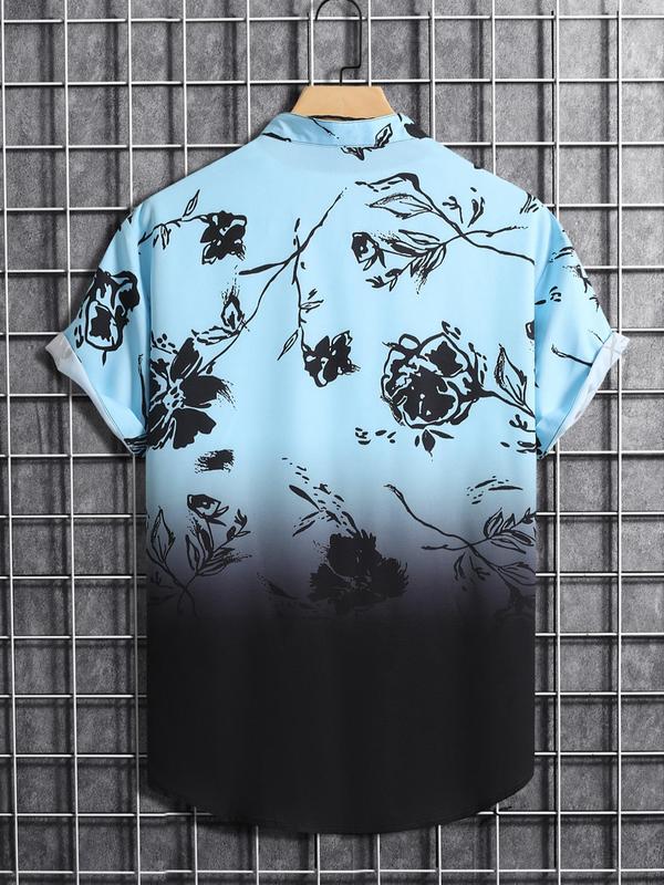 Men's Ombre Floral Print Button Front Shirt, Regular Fit Streetwear Casual Short Sleeve Stand Collar Top, Summer Clothes for Daily Wear