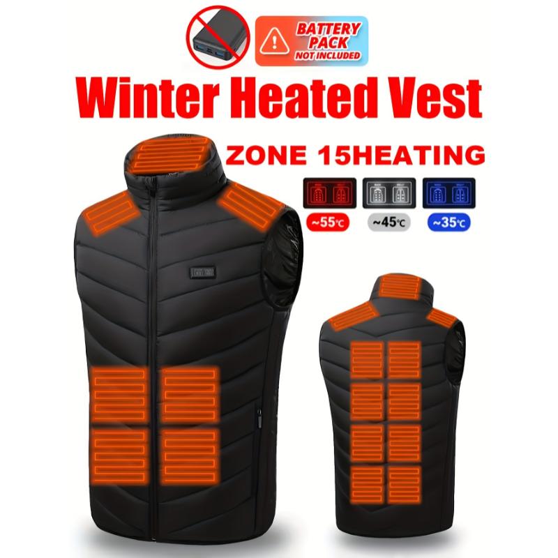 Men's USB Charging Heated Vest with 15 Heating Zones, Smart Temperature Control, Casual Style Polyester Insulated Jacket with Stand Collar, Solid Pattern, Outdoor Winter Warm Gear, Zippered Non-Stretch Woven Fabric - Fall Winter Season