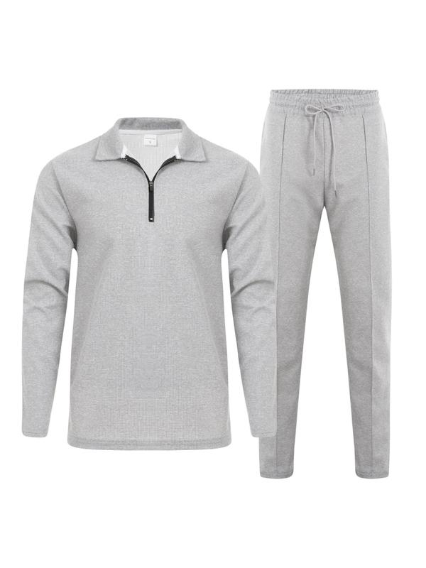 Men's Solid Half Zipper Collared Polo Shirt & Drawstring Pants Set, Casual Regular Fit Textured Long Sleeve Top & Trousers for Spring & Fall, Outfit Sets for Men, Men's Two-piece Outfits, Athletic Clothes, Fall Outfits, Fallfreshness