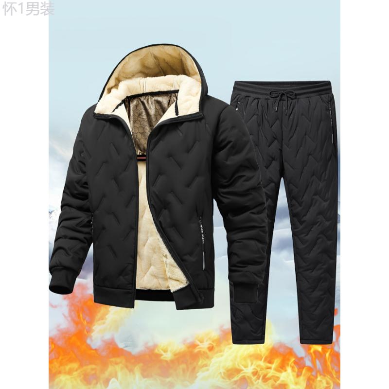 Men's Winter Fleece-Lined Hooded Jacket & Pants Set - Casual, Warm Outdoor Gear with Zipper Pockets Clothing Menswear