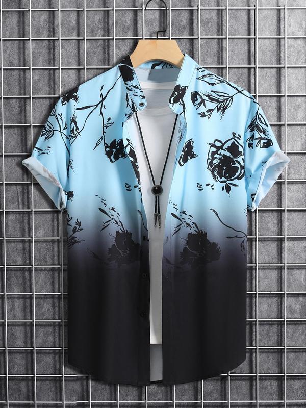 Men's Ombre Floral Print Button Front Shirt, Regular Fit Streetwear Casual Short Sleeve Stand Collar Top, Summer Clothes for Daily Wear