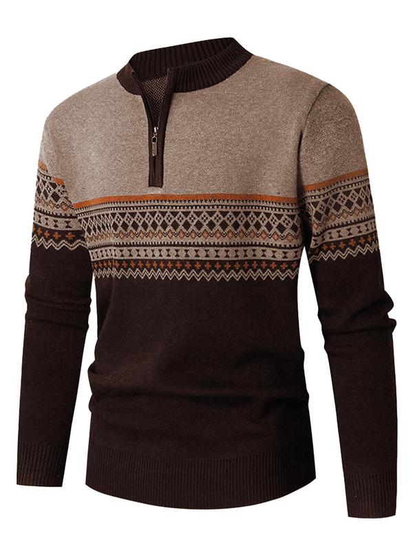 Men's Ethnic Pattern & Patchwork Print Half Zip Sweater, Regular Fit Casual Long Sleeve Round Neck Jumper for Fall & Winter, Fashion Men's Knitwear for Daily Wear