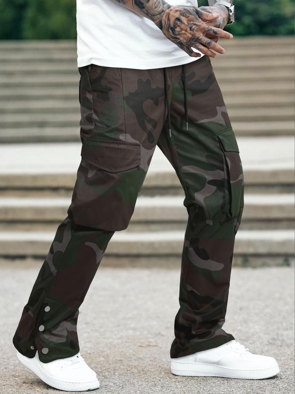 Men's Camo Print Drawstring Waist Cargo Pants, Street Fashion Casual Loose Flap Pocket Straight Leg Trousers for Men, Mens Clothing, Mens Bottoms for Spring & Fall, Pants for Men 2024, 2000s Pants