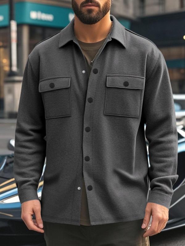 Men's Solid Pocket Button Front Jacket, Casual Regular Fit Long Sleeve Collared Outerwear for Fall & Winter, Men's Clothes for Daily Wear