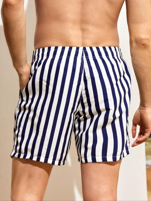 Men's Striped Print Drawstring Waist Shorts, Casual Pocket Straight Leg Shorts, Men's Summer Bottoms for Beach Vacation