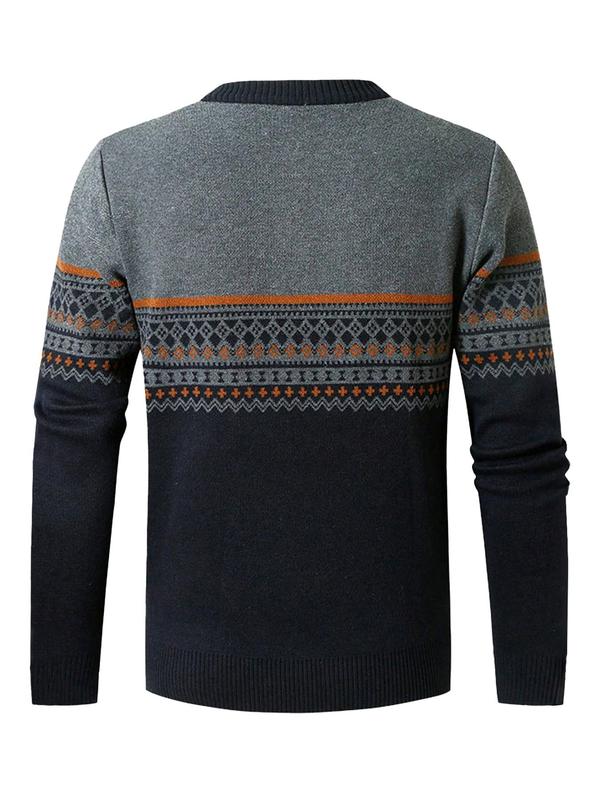 Men's Ethnic Pattern & Patchwork Print Half Zip Sweater, Regular Fit Casual Long Sleeve Round Neck Jumper for Fall & Winter, Fashion Men's Knitwear for Daily Wear