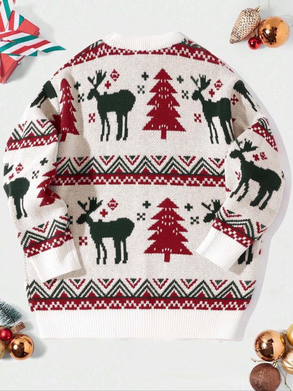 Men's Christmas Tree & Reindeer Print Round Neck Sweater, Loose Casual Long Sleeve Crew Neck Jumper for Fall & Winter, Fashion Men's Knitwear for Daily Wear