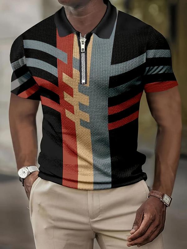 Men's Patchwork Print Zipper Polo Shirt, Regular Fit Casual Short Sleeve Graphic Top, Summer Clothes, Fashion Men's Streetwear Clothes for Daily Wear