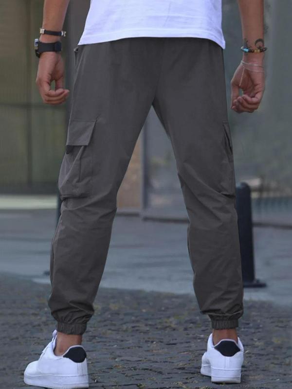 Men's Solid Drawstring Waist Cargo Pants, Regular Fit Casual Pocket Trousers for Spring & Fall, Fashion Men's Bottoms for Daily Wear