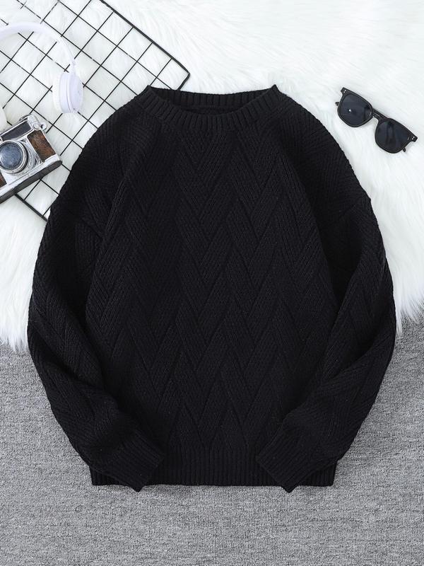 Men's Solid Drop Shoulder Jacquard Cable Knit Sweater, Fall Outfits, Fallfreshness Regular Fit Casual Long Sleeve Round Neck Jumper for Fall & Winter, Fashion Men's Knitwear for Daily Wear