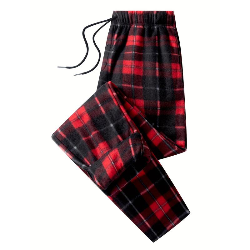 New-2pcs Plaid Pattern Men's Flannel Warm Long Drawstring Trousers With Pockets, Winter Fall Outdoor Casual Fabric