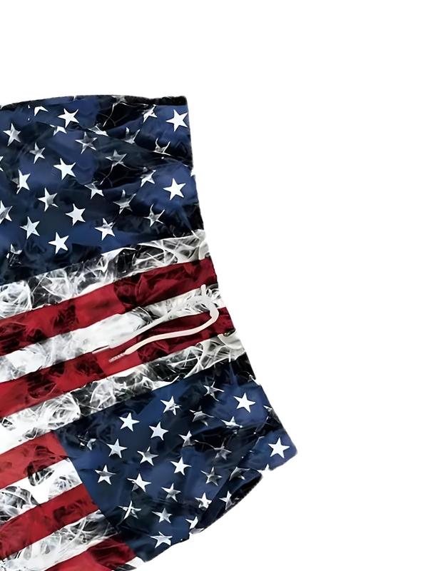 Men's Loose Flag Print Drawstring Waist 4th of July Shorts, Casual Pocket Elastic Waist Shorts for Summer, Back-to-School Clothing, Mens Bottoms for Daily Wear