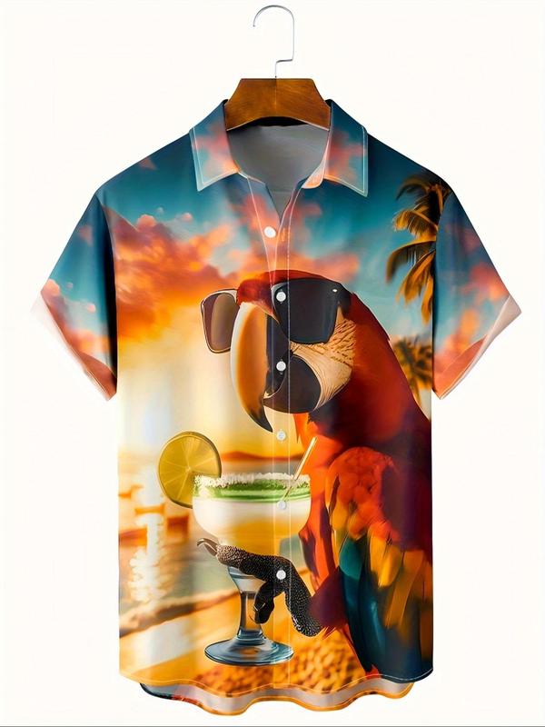 Men's Parrot & Cocktail Print Button Front Shirt, Regular Fit Casual Short Sleeve Collared Top for Summer, Men's Clothes for Beach Vacation