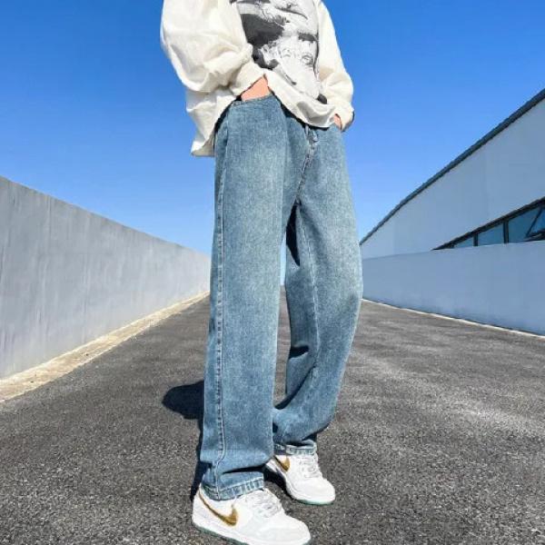 New Men's Denim Wide-leg Pants Korean Style Straight Loose Jeans Street Hip-hop Daily Casual Student Trousers Black Gray Blue