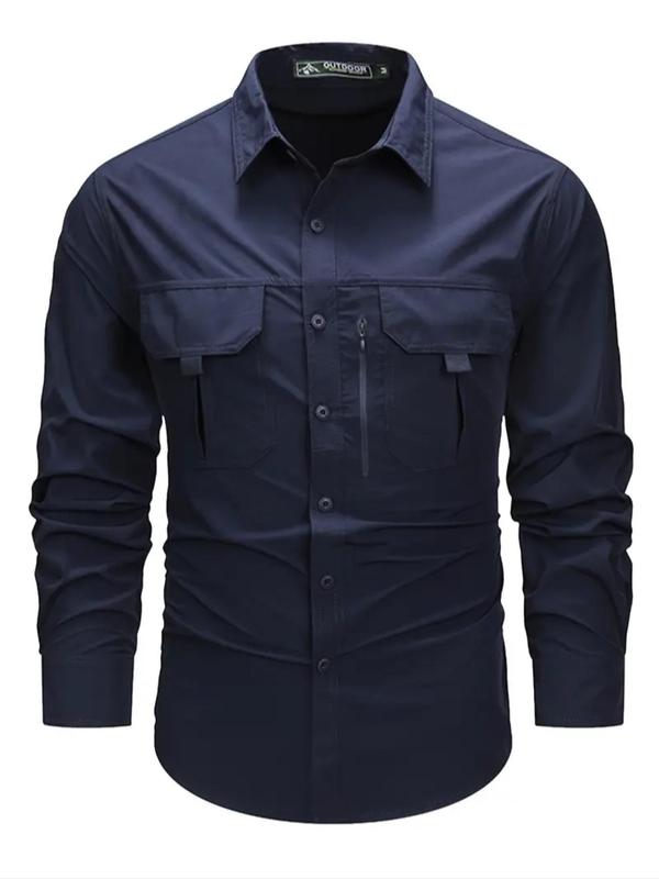 Men's Solid Pocket Button Front Shirt, Regular Fit Casual Long Sleeve Collared Top for Fall, Fashion Men's Clothes for Daily Wear