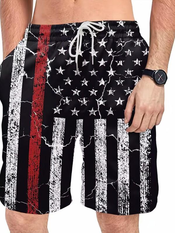 Men's Loose Flag Print Drawstring Waist 4th of July Shorts, Casual Pocket Elastic Waist Shorts for Summer, Back-to-School Clothing, Mens Bottoms for Daily Wear