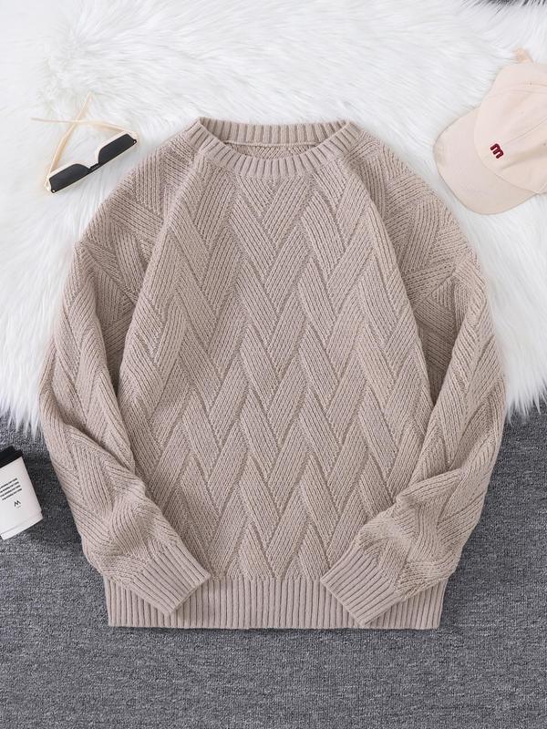 Men's Solid Drop Shoulder Jacquard Cable Knit Sweater, Fall Outfits, Fallfreshness Regular Fit Casual Long Sleeve Round Neck Jumper for Fall & Winter, Fashion Men's Knitwear for Daily Wear