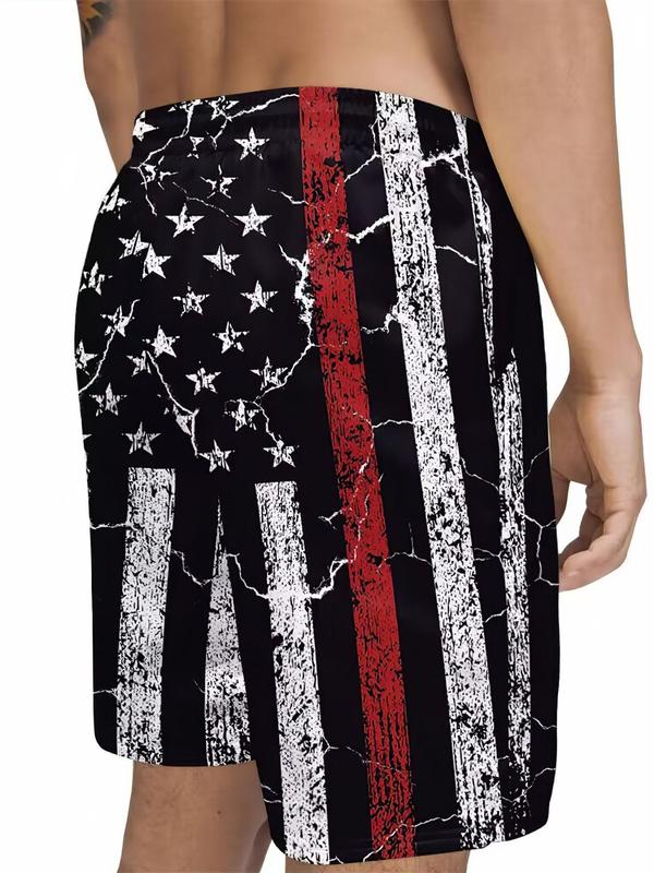 Men's Loose Flag Print Drawstring Waist 4th of July Shorts, Casual Pocket Elastic Waist Shorts for Summer, Back-to-School Clothing, Mens Bottoms for Daily Wear