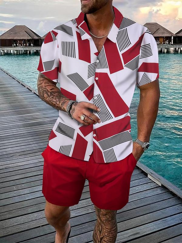 2 Pieces Men's All Over Geometric Print Button Front Shirt & Drawstring Waist Shorts Set, Summer Outfits 2024, Regular Fit Drop Shoulder Shortsleeve Top & Elastic Waist Shorts, Back-to-School Clothing, Men's Clothing