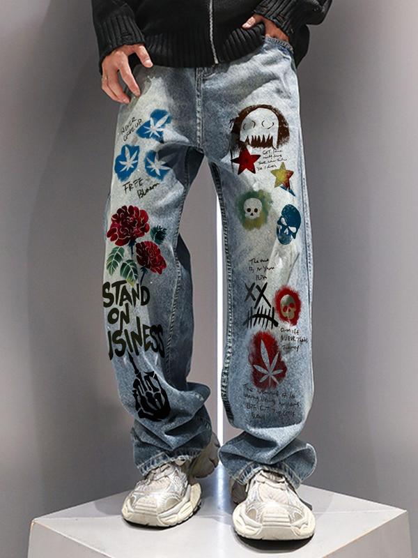 Unisex's Denim-effect & Skull Print Ripped Zipper Fly Straight Leg Pants, Loose Street Fashion Pocket Button Pants for Daily Wear, Menswear for All Seasons