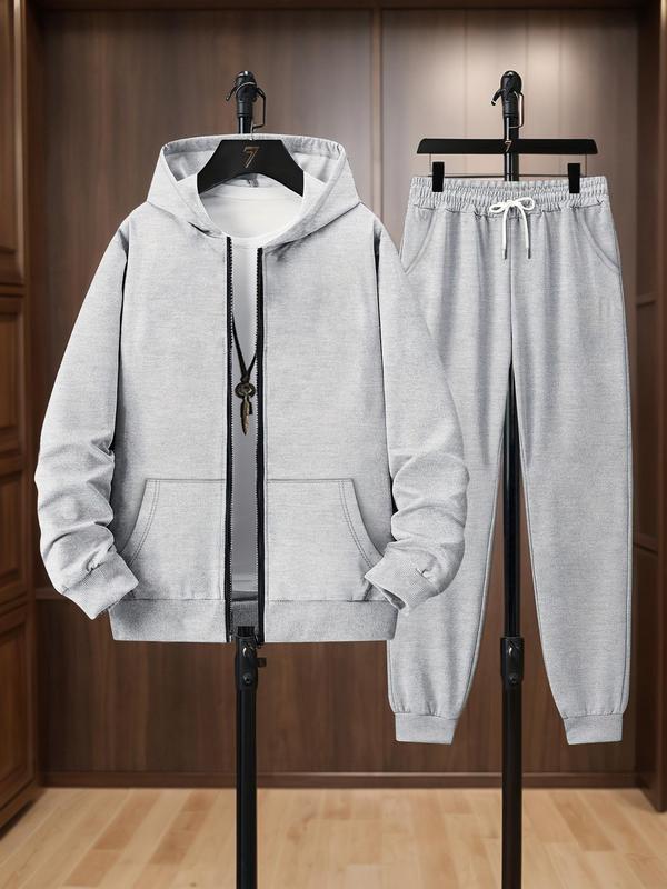 Men's Solid Zip Up Hoodie & Drawstring Waist Sweatpants Two-Piece Set, Casual Regular Fit Long Sleeve Hooded Sweatshirt & Jogger Pants for Daily Wear, Men's Two-piece Outfits for All Seasons