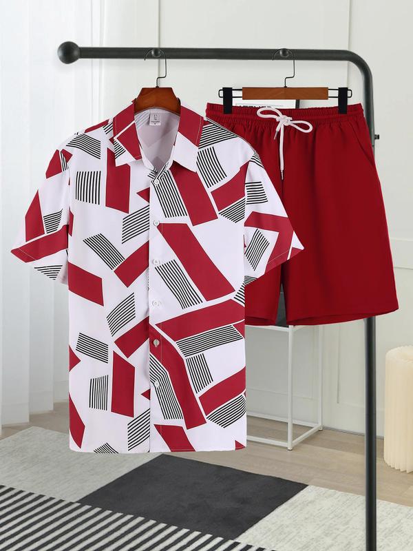 2 Pieces Men's All Over Geometric Print Button Front Shirt & Drawstring Waist Shorts Set, Summer Outfits 2024, Regular Fit Drop Shoulder Shortsleeve Top & Elastic Waist Shorts, Back-to-School Clothing, Men's Clothing