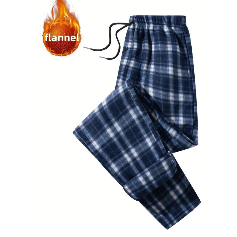 New-2pcs Plaid Pattern Men's Flannel Warm Long Drawstring Trousers With Pockets, Winter Fall Outdoor Casual Fabric