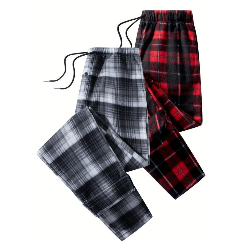 New-2pcs Plaid Pattern Men's Flannel Warm Long Drawstring Trousers With Pockets, Winter Fall Outdoor Casual Fabric